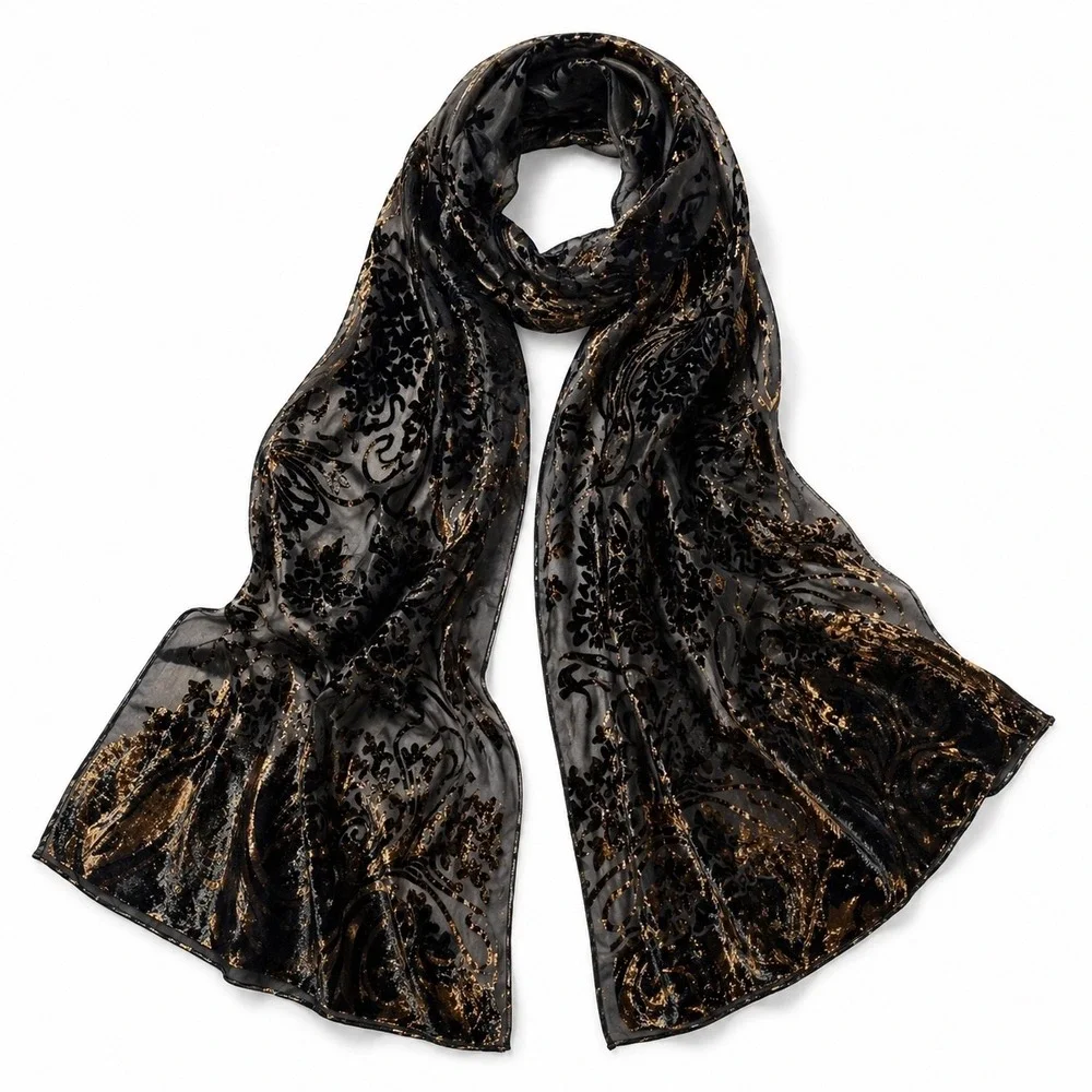 Black Gold Burnout Velvet Scarf Shawl‎ Sheer Wrap Whimsigoth